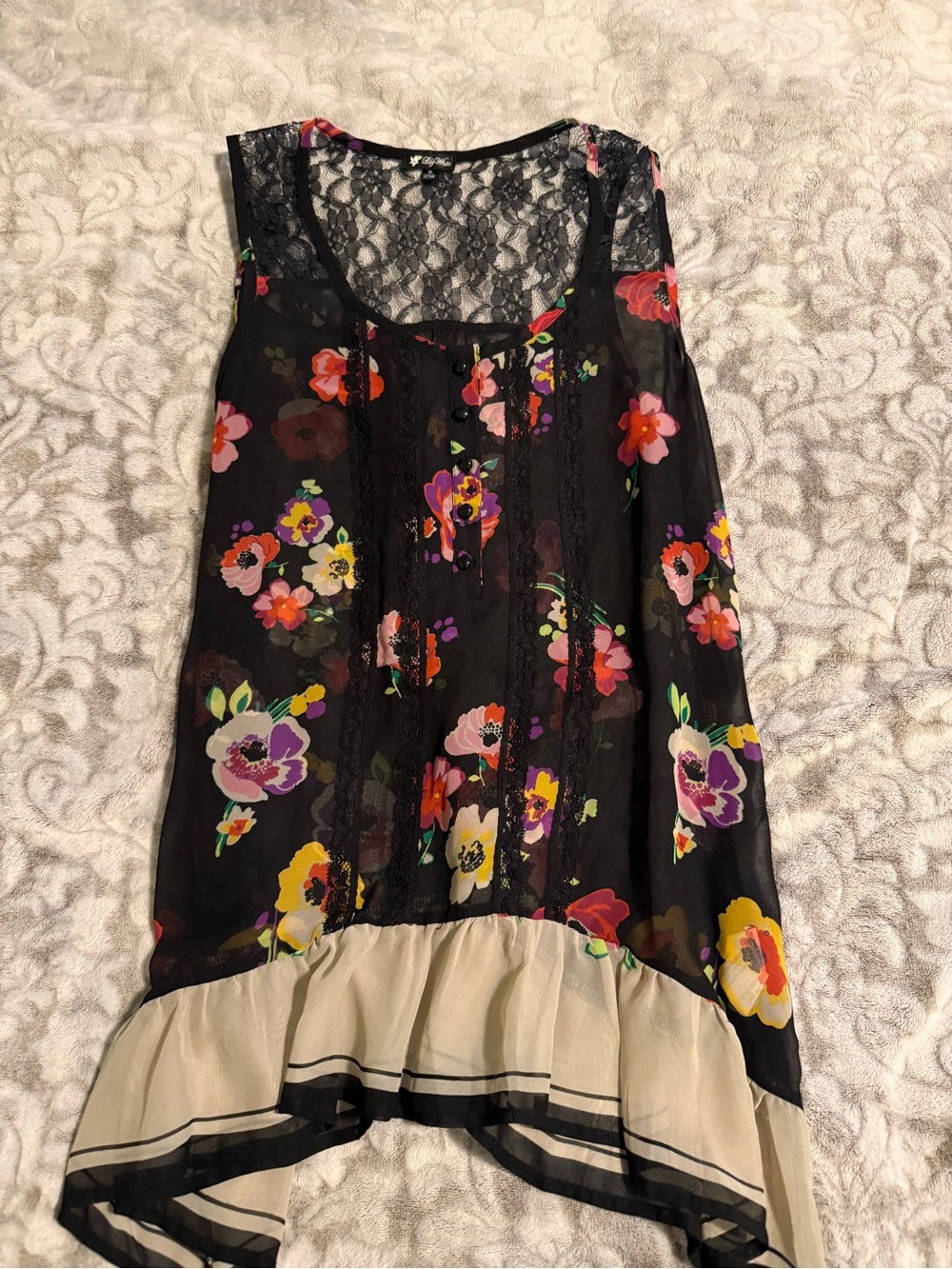 Sheer Black Floral Lace Trim Tank with Cream Ruffle, lily white, size small
